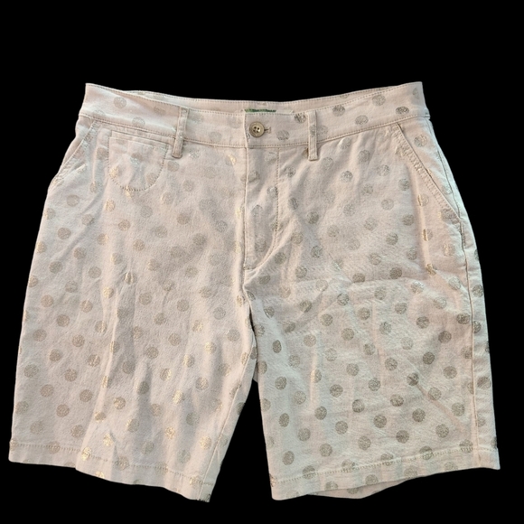 EUC ANTHROPOLOGIE LINEN BLEND BERMUDA SHORTS TAN & GOLD POLKA DOT MID RISE SZ 27 - Picture 2 of 13